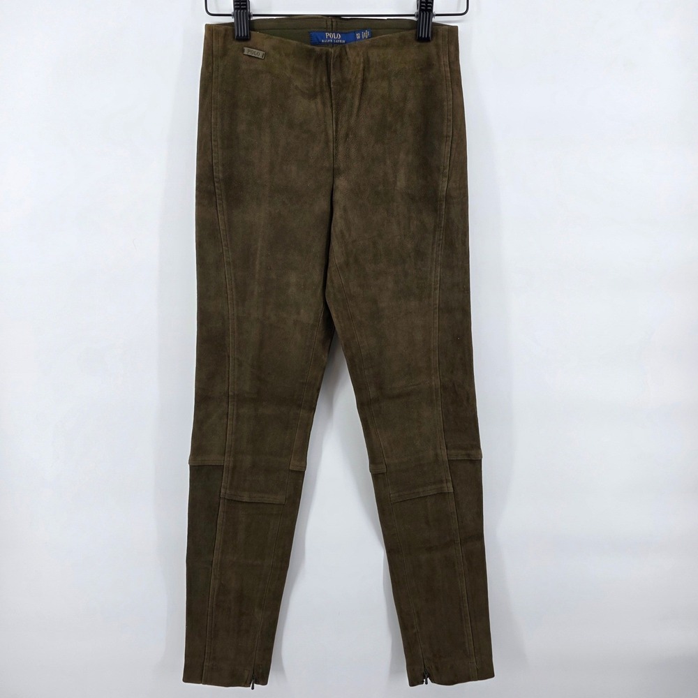 Polo Ralph Lauren XS Lambskin Leather Legging Pant Olive Green Buttery ankle zip